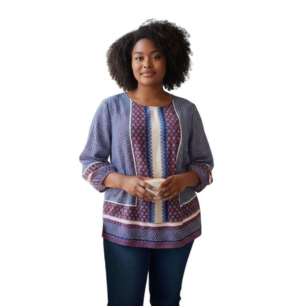 Talbots Top Womens 1X Floral Geometric 3/4 Sleeve Career Casual Classic Blouse